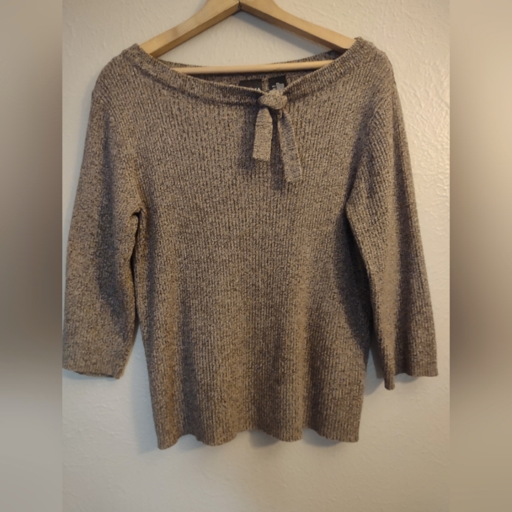 Erika Ribbed Knit Sweater with Bow Neckline - Boat Neck 3/4 Sleeves Petite Large